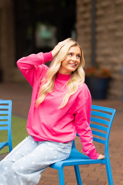 Mock Neck Sweatshirt, Hot Pink in Hot Pink view 3 - Mock Neck Sweatshirt Pink (top)