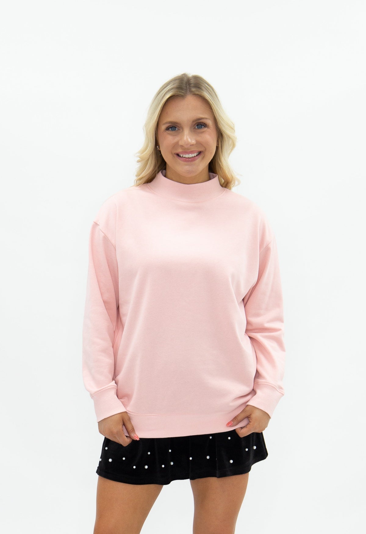 Mock Neck Sweatshirt, Light Pink - MeeeShop Women's Fashion