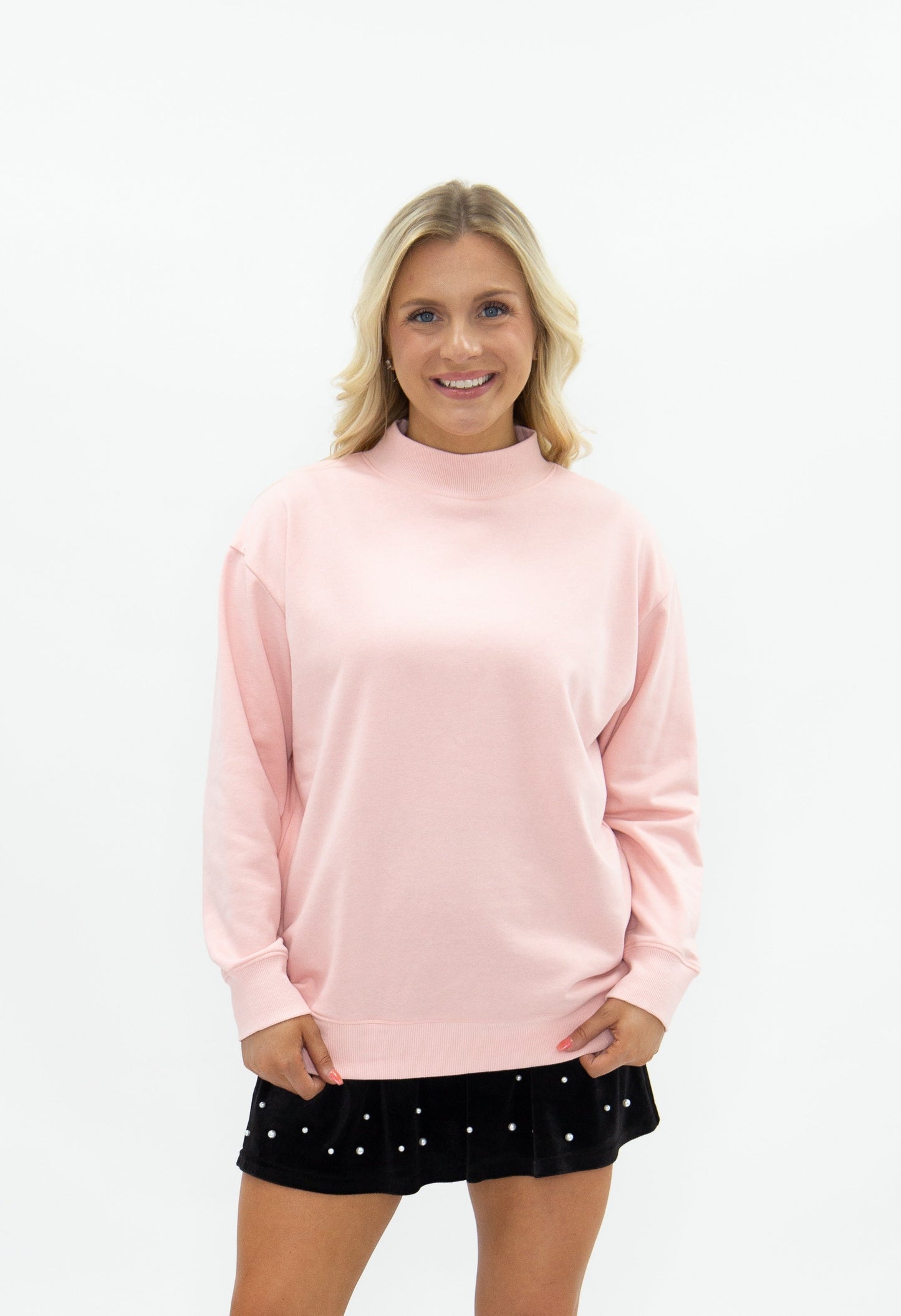Mock Neck Sweatshirt, Light Pink in Light Pink view 3 - Mock Neck Sweatshirt Pink (top)