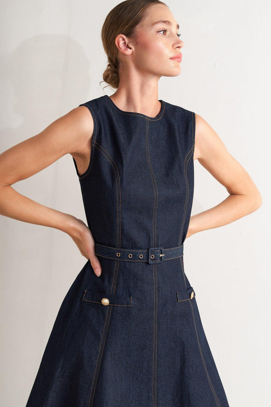 modern dark denim Modern Dark Denim Midi Dress view 2 (dress) - shop at us.meeeshop