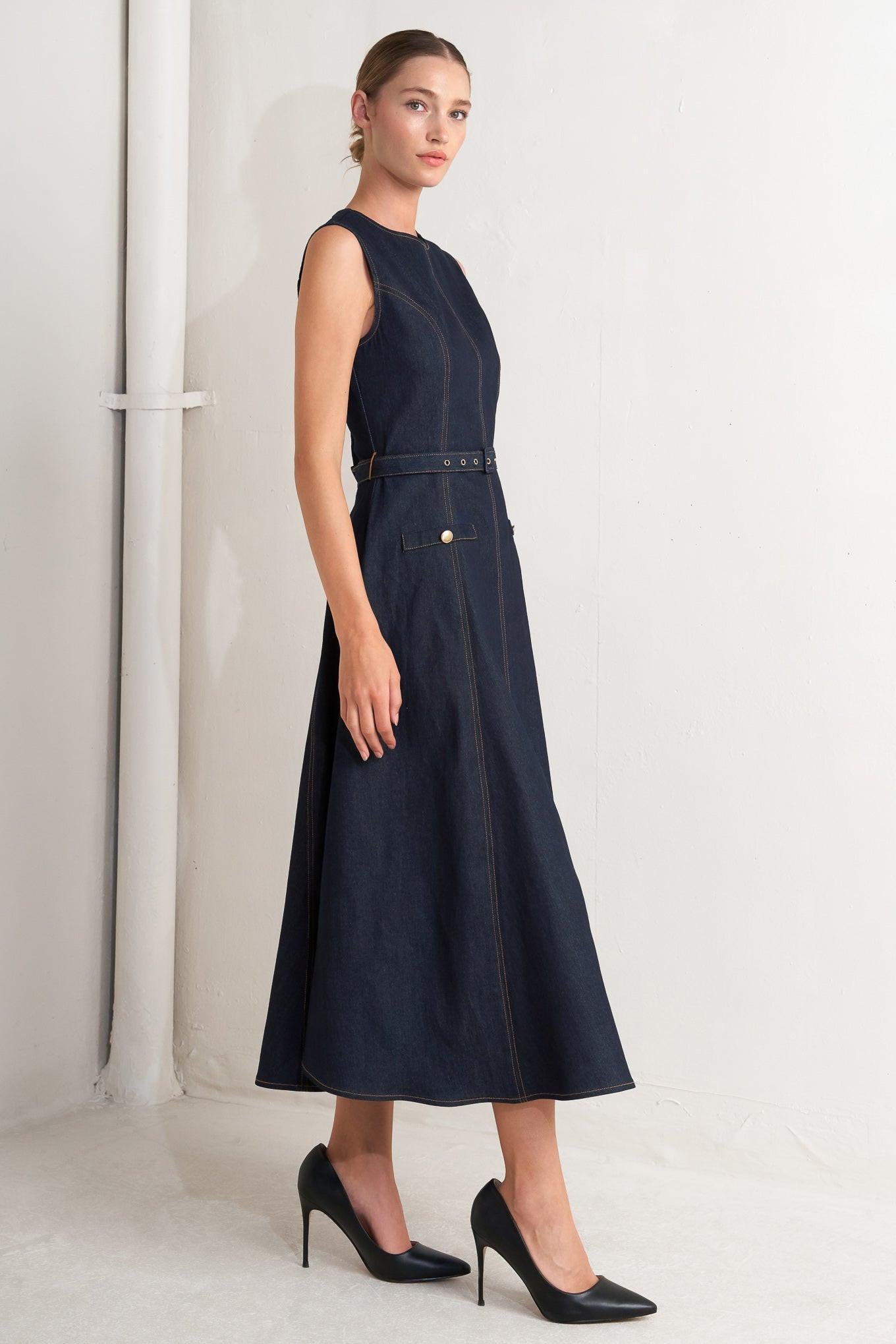 Modern Dark Denim Midi Dress view 4 (dress) - modern dark dresser, modern dresser dark wood, modern dre - shop at us.meeeshop