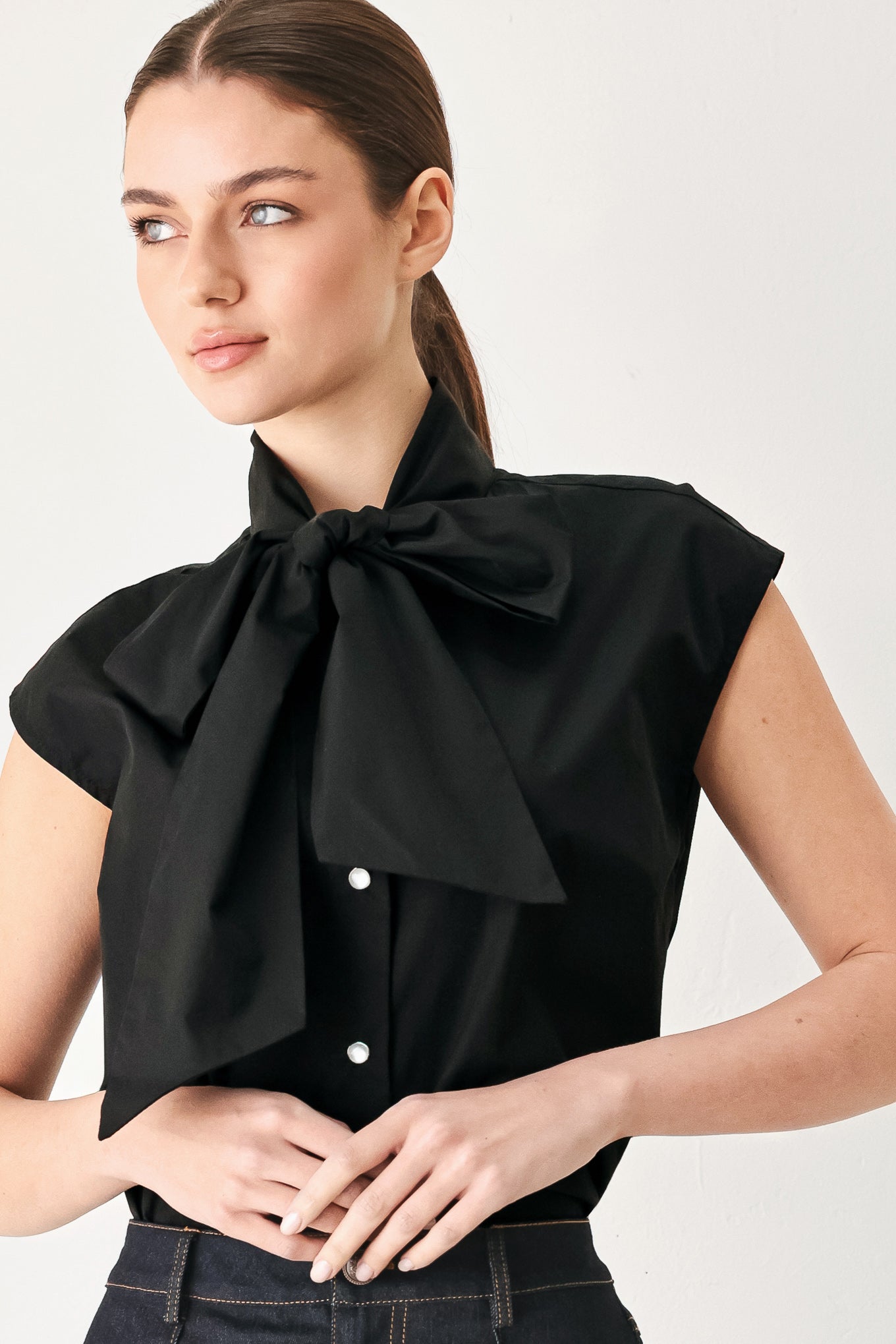 Modern Statement Bow Woven Top in BLACK view 5