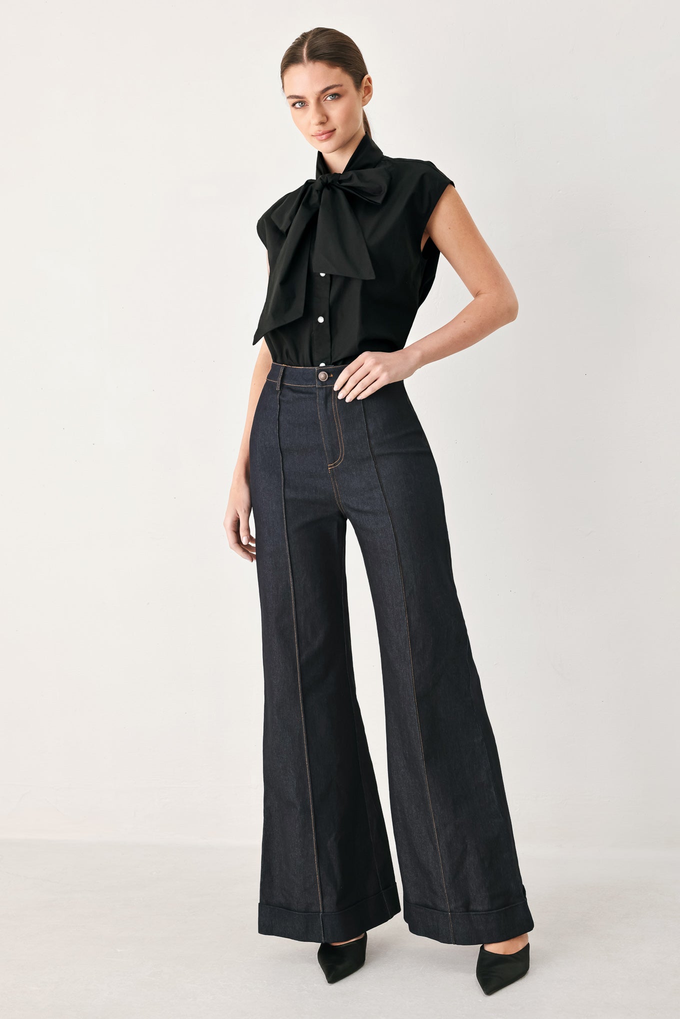 Modern Statement Bow Woven Top in BLACK view 6