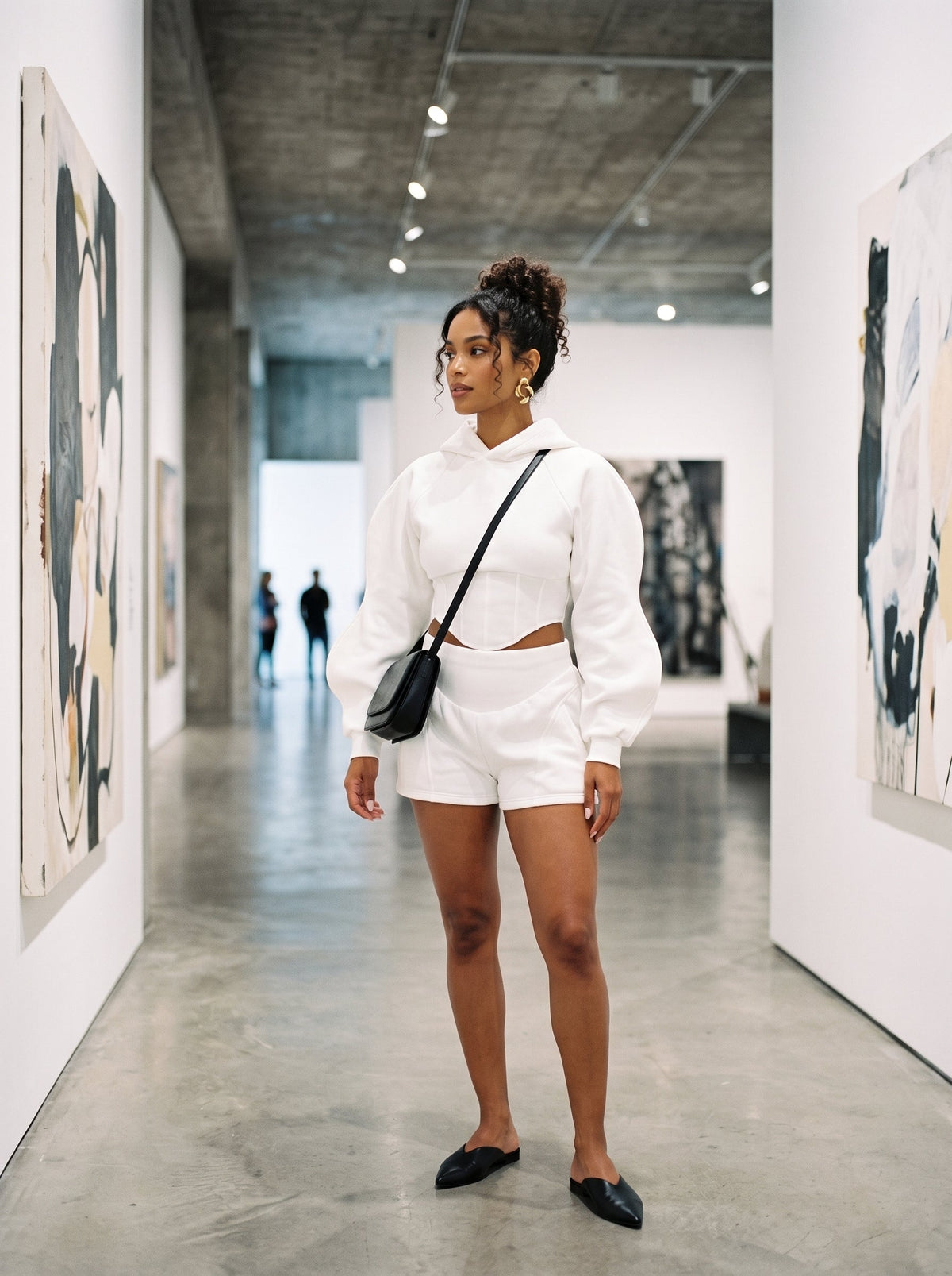 Modern White Crop Hoodie and Shorts Set in Medium view 2 - Off White Modern Hoodie (top)