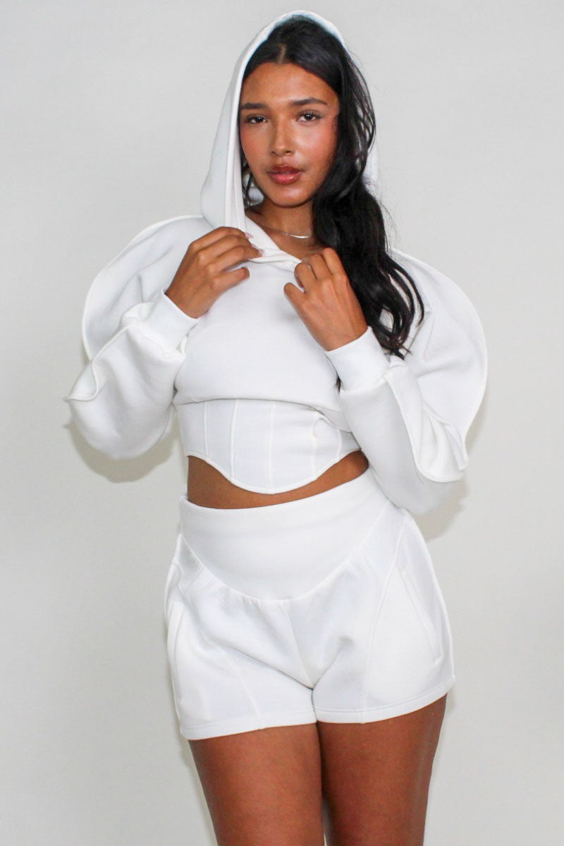 Modern White Crop Hoodie and Shorts Set in Medium view 2 - Off White Modern Hoodie Green & Black (top)