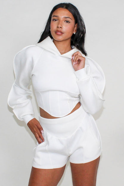 Modern White Crop Hoodie and Shorts Set in Small - Off White Modern Hoodie Green & Black (top)