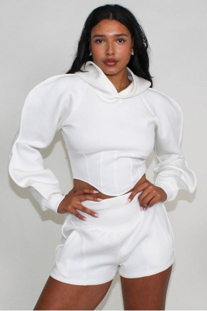 Modern White Crop Hoodie and Shorts Set view 4 - Off White Modern Hoodie Green & Black (top)