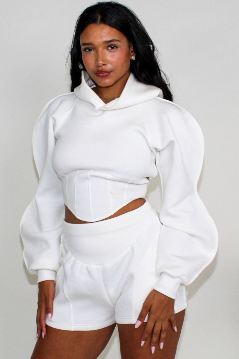 Modern White Crop Hoodie and Shorts Set view 5 - Off White Modern Hoodie Green & Black (top)