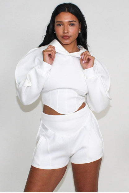 Modern White Crop Hoodie and Shorts Set view 6 - Off White Modern Hoodie Green & Black (top)