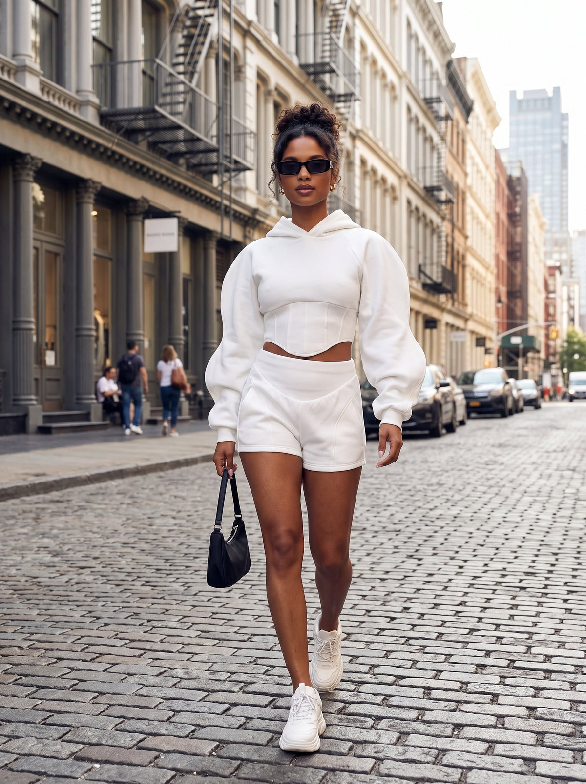 Modern White Crop Hoodie and Shorts Set view 6 - Off White Modern Hoodie (top)