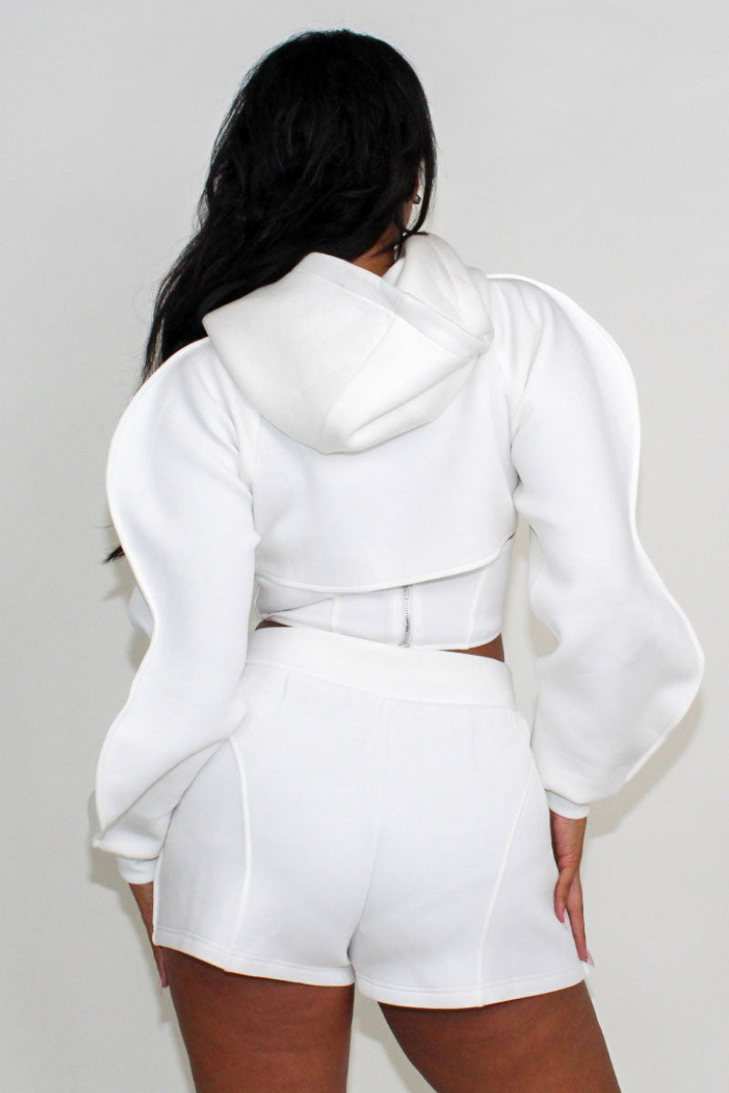 Modern White Crop Hoodie and Shorts Set view 7 - Off White Modern Hoodie Green & Black (top)