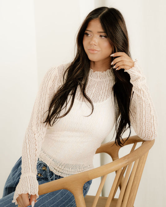 Molly Long Sleeve Mock Neck Sheer Lace Top - Apricot in Apricot view 2 - Molly Long Best Choreography