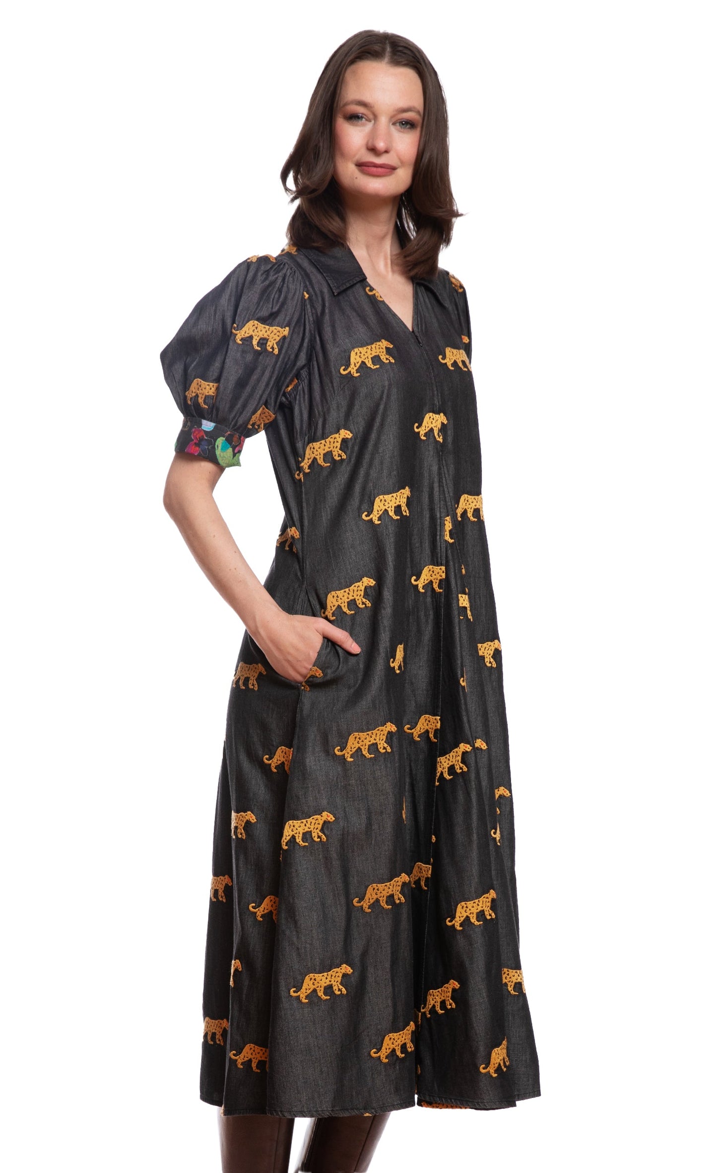 Montauk Dress Black with Embroidered Cheetahs in M view 3 - Montauk Black Dresser