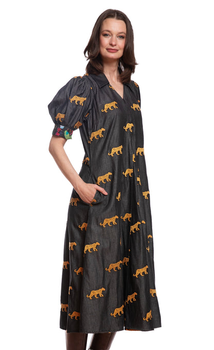 Montauk Dress Black with Embroidered Cheetahs in M view 3 - Montauk Black Dresser