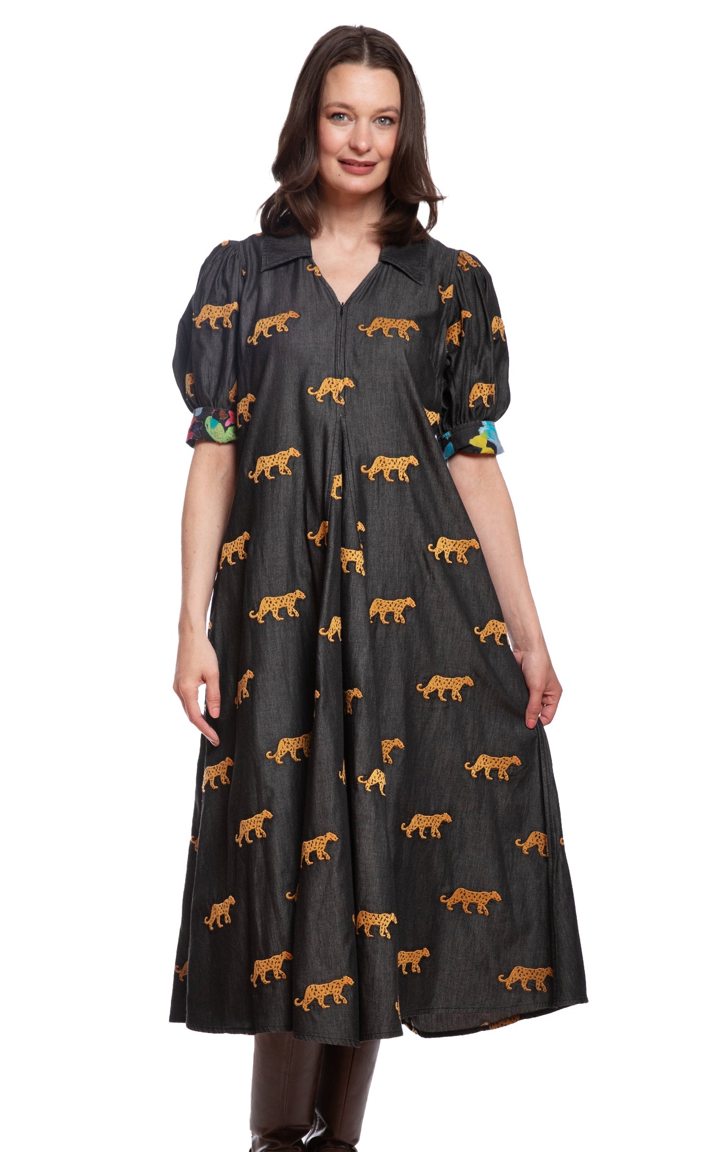 Montauk Dress Black with Embroidered Cheetahs in S view 2 - Montauk Black Dresser