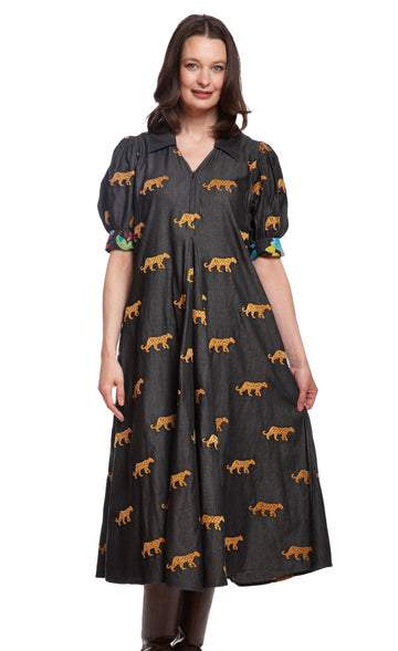 Montauk Dress Black with Embroidered Cheetahs in S view 2 - Montauk Black Dresser