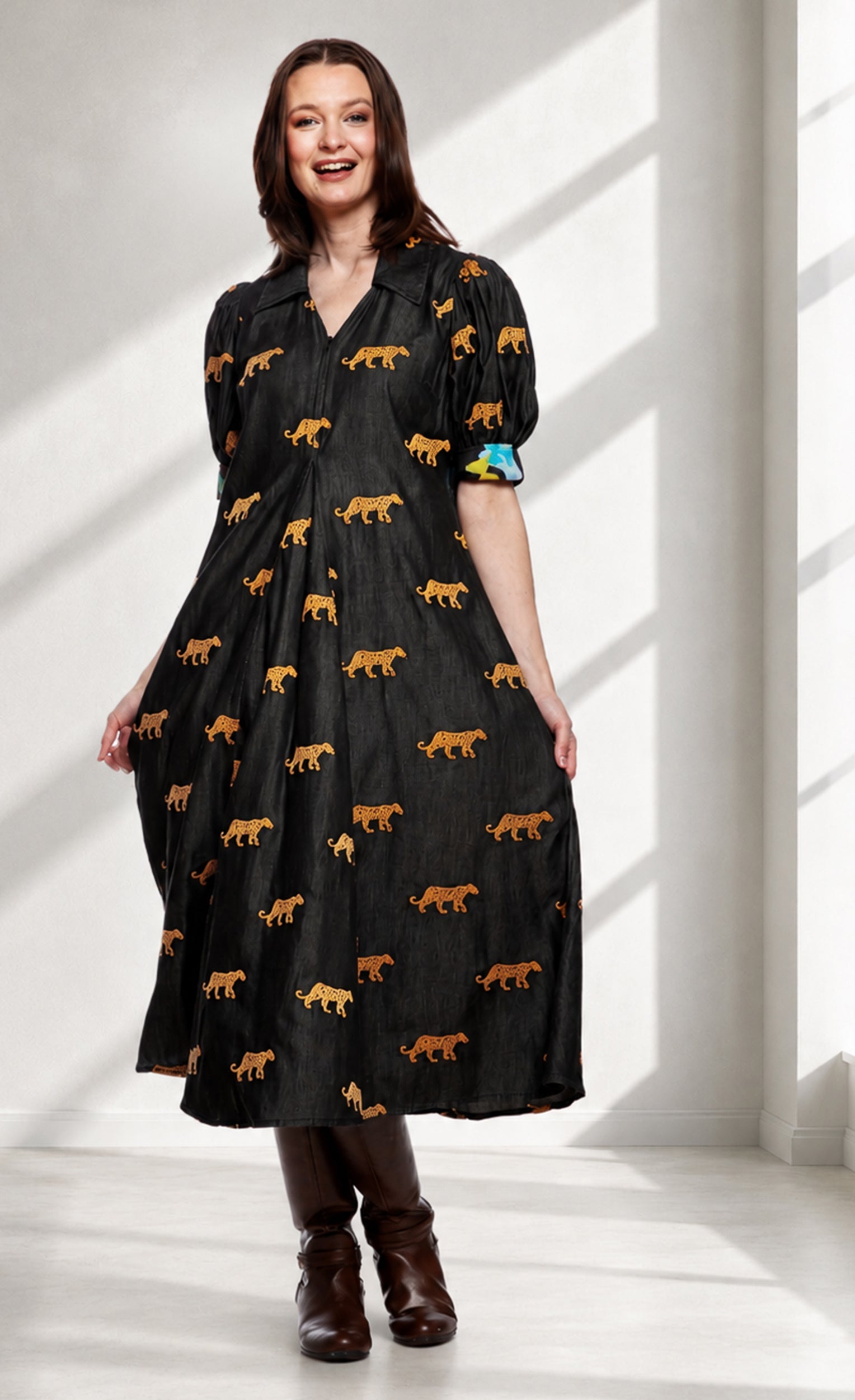 Montauk Dress Black with Embroidered Cheetahs in XS - Montauk Black Dresser