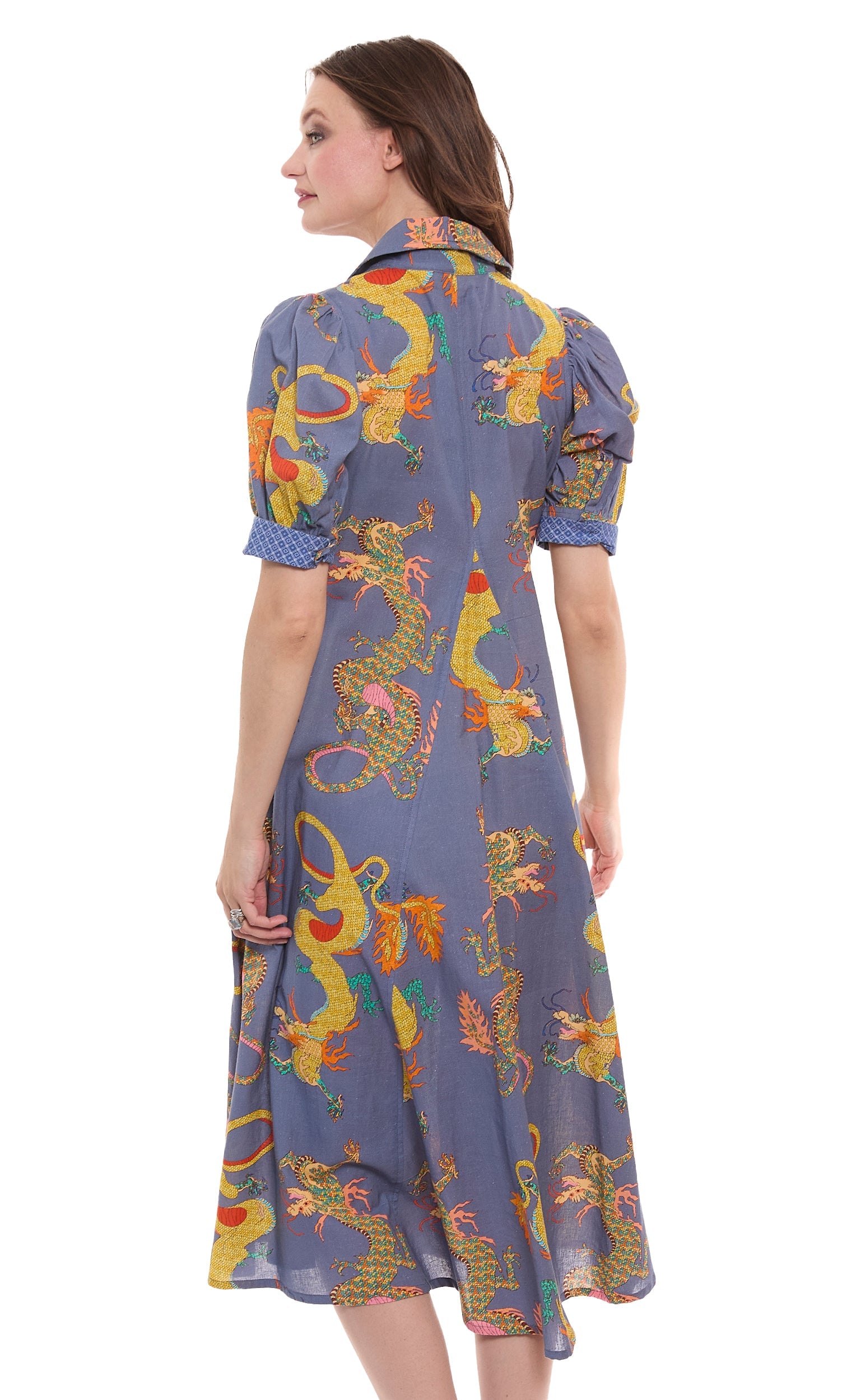 Montauk Dress Linen Cotton Blue Dragons Print in L view 4 - Dl1961 Montauk Linen Dress