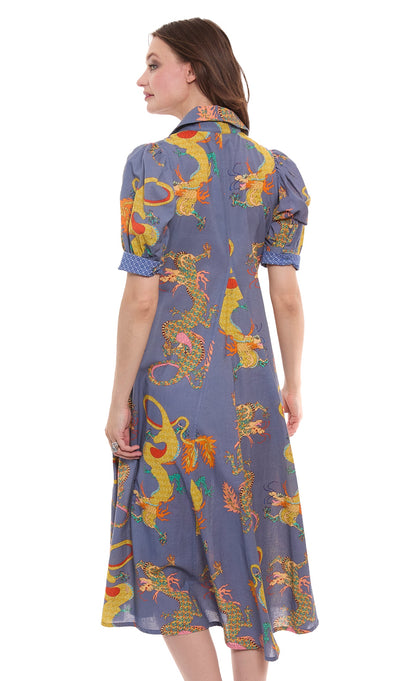 Montauk Dress Linen Cotton Blue Dragons Print in L view 4 - Dl1961 Montauk Linen Dress