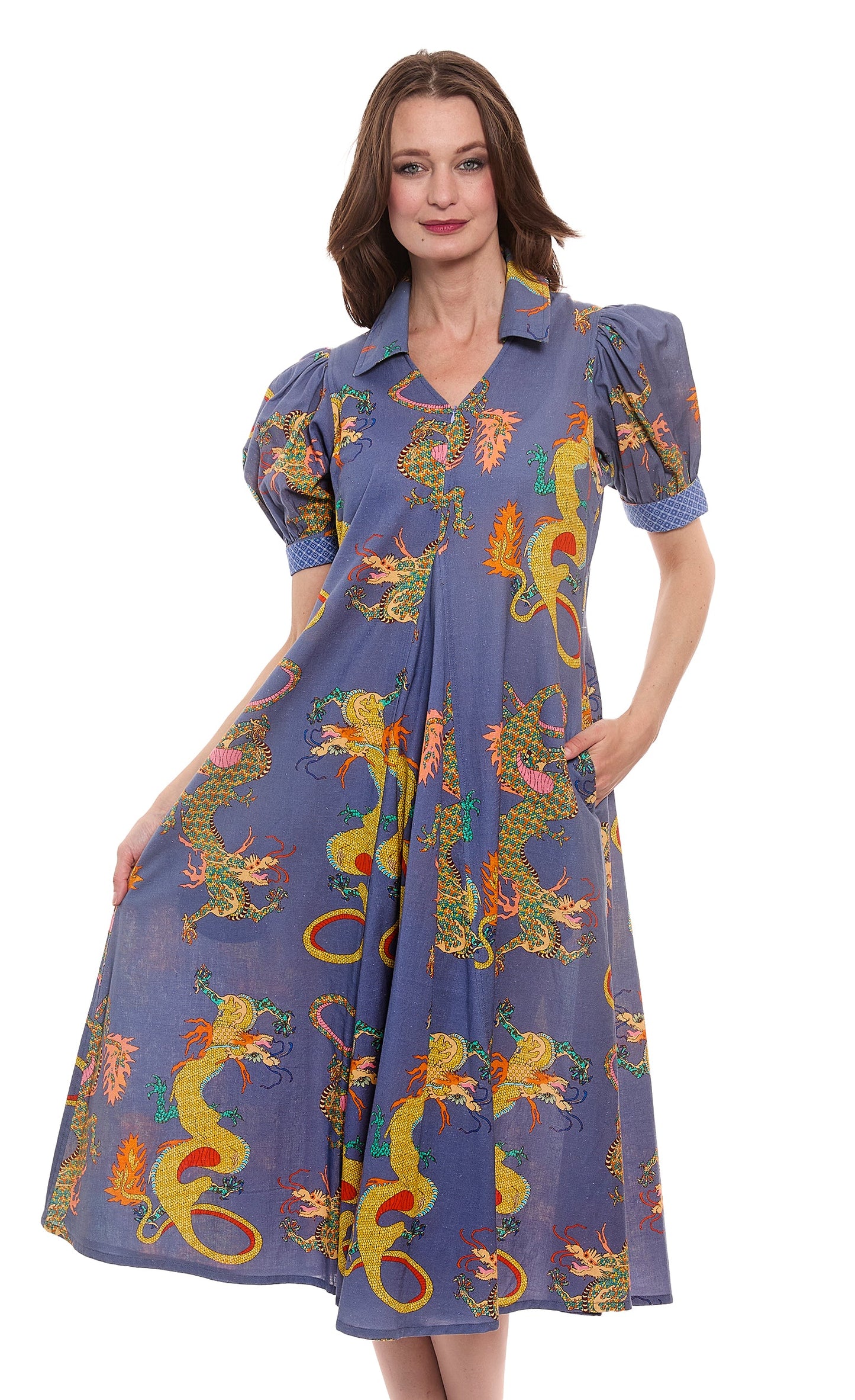Montauk Dress Linen Cotton Blue Dragons Print in M view 3 - Dl1961 Montauk Linen Dress