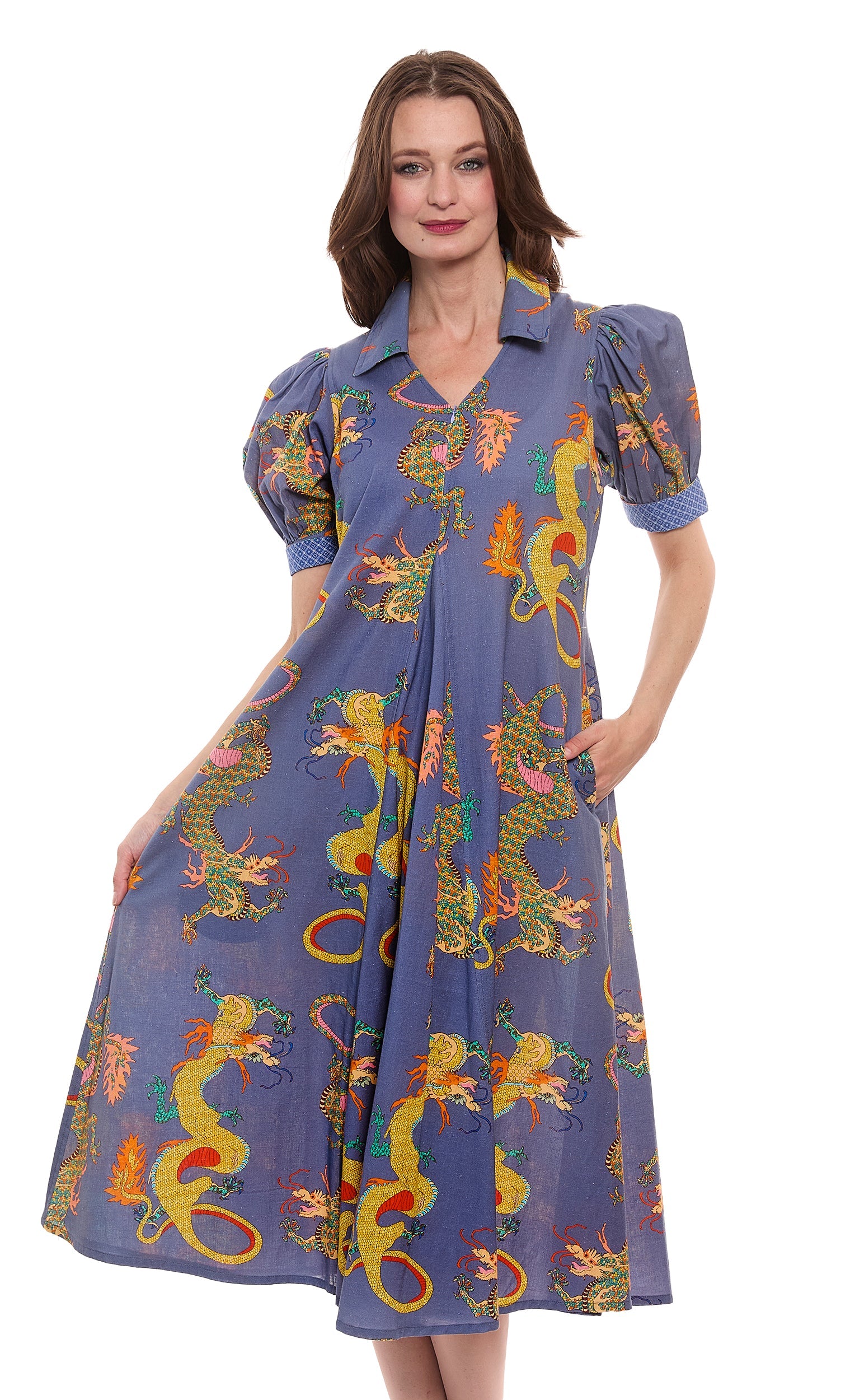 Montauk Dress Linen Cotton Blue Dragons Print in M view 3 - Dl1961 Montauk Linen Dress