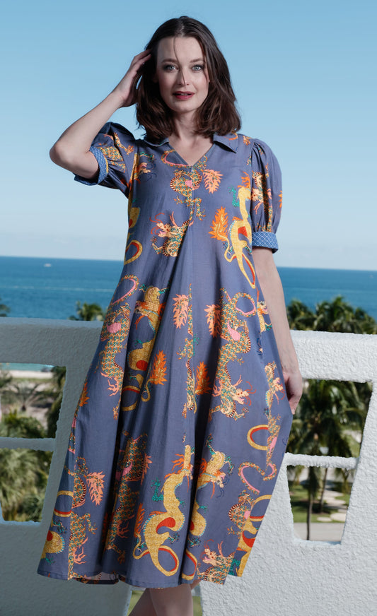 Montauk Dress Linen Cotton Blue Dragons Print in XS - Dl1961 Montauk Linen Dress