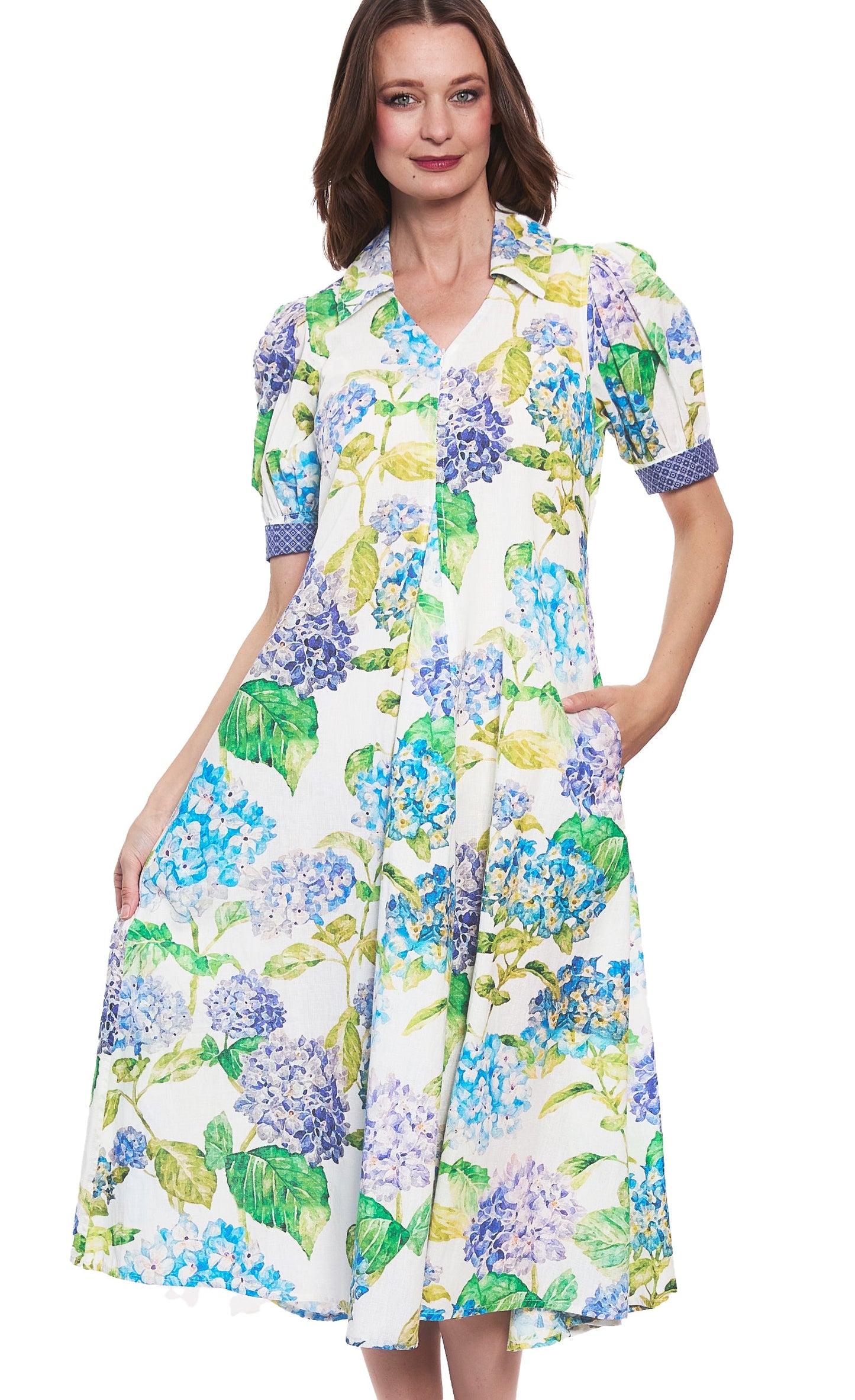 Montauk Dress Linen Cotton Hydrangeas Print in M view 3 - Dl1961 Montauk Linen Dress