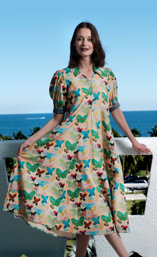 Montauk Dress Linen Cotton Neutral Butterfly Print in XS - Dl1961 Montauk Linen Dress