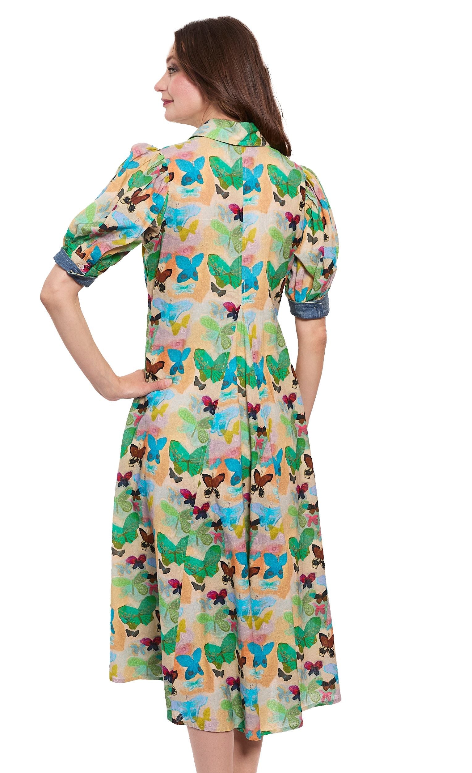 Montauk Dress Linen Cotton Neutral Butterfly Print in M view 3 - Dl1961 Montauk Linen Dress
