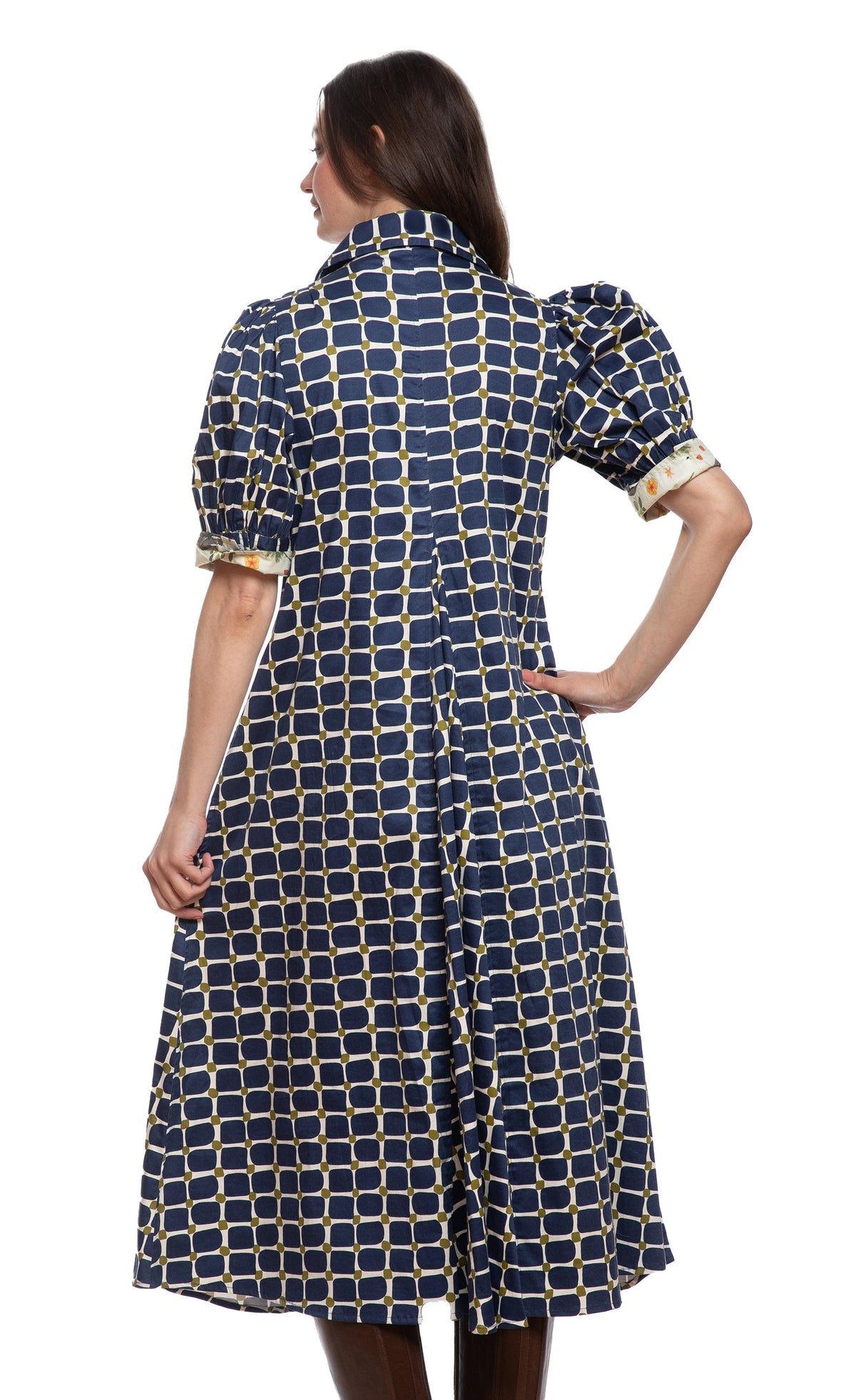 Montauk Dress Navy Green Grid Print in M view 3 - Print Dress