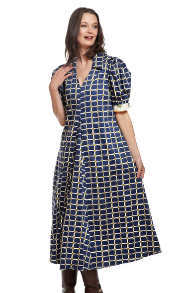 Montauk Dress Navy Green Grid Print in S view 2 - Print Dress