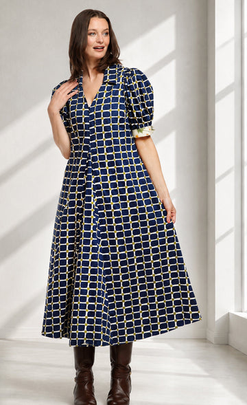 Montauk Dress Navy Green Grid Print in XS - Print Dress