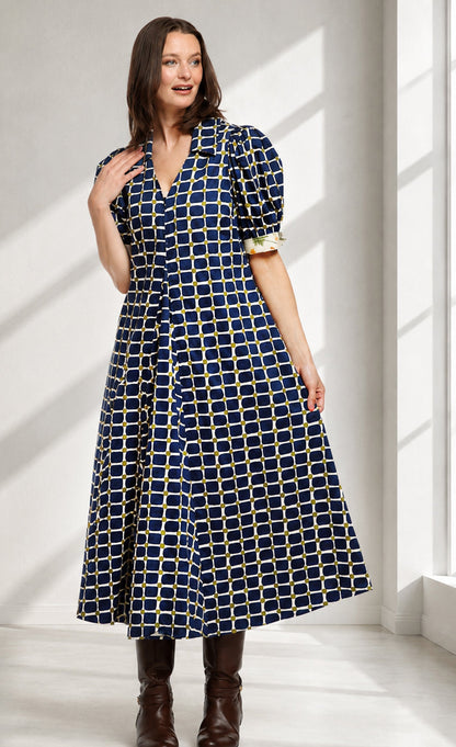 Montauk Dress Navy Green Grid Print in XS - Print Dress