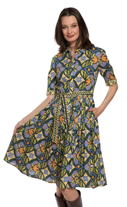 Mrs Maisel Green Rust Navy Ornate Print Dress in M view 3