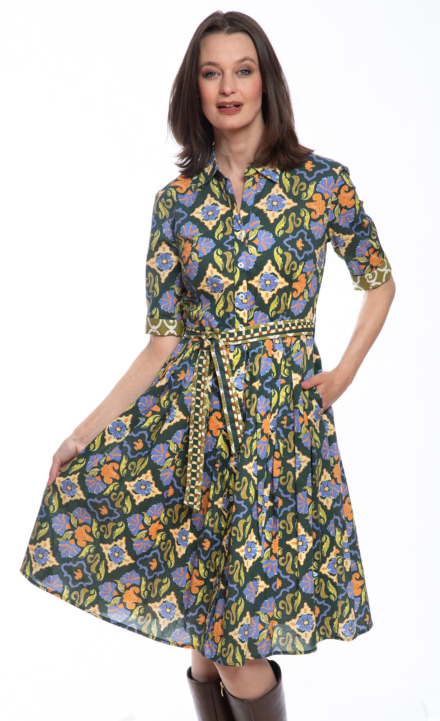Mrs Maisel Green Rust Navy Ornate Print Dress in S view 2