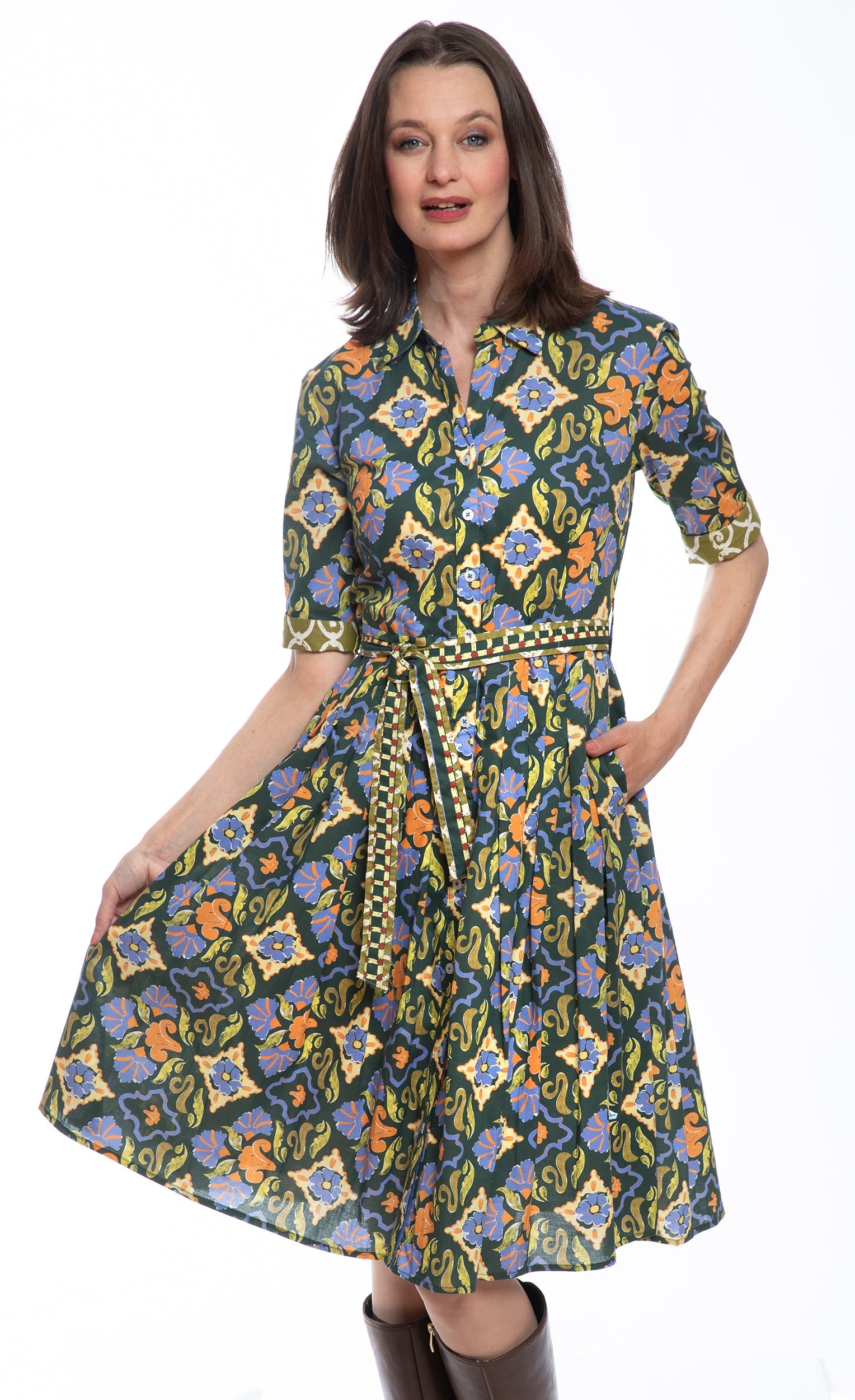 Mrs Maisel Green Rust Navy Ornate Print Dress in S view 2