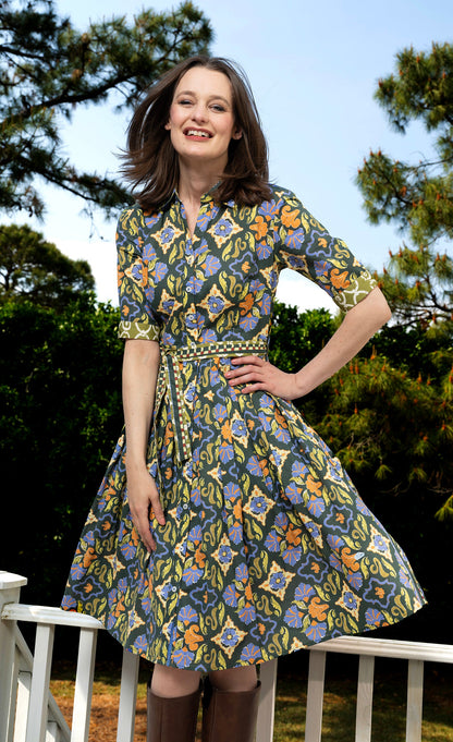 Mrs Maisel Green Rust Navy Ornate Print Dress in XS
