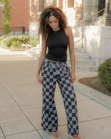 Naomi Checkered Denim Wide Leg Jeans in Dark Grey (bottom)