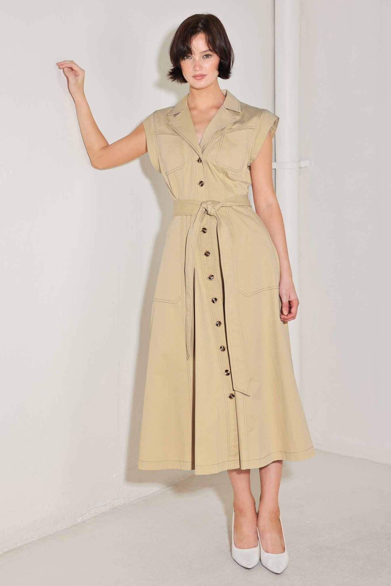 Natural Instinct Woven Midi Dress in KHAKI view 5 - Natural Instincts Dress