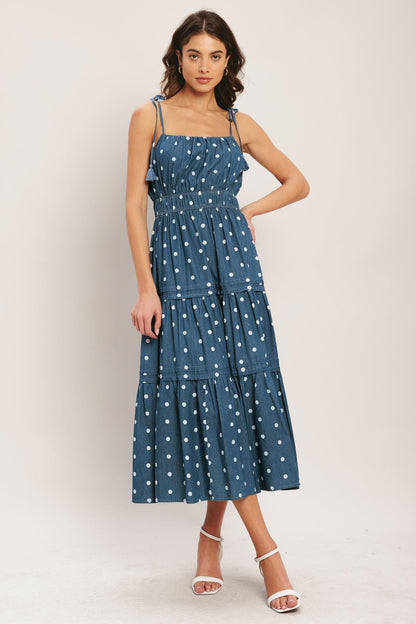 Nautical Dot Denim Midi Dress in MEDIUM INDIGO - Nautical Dress Wear