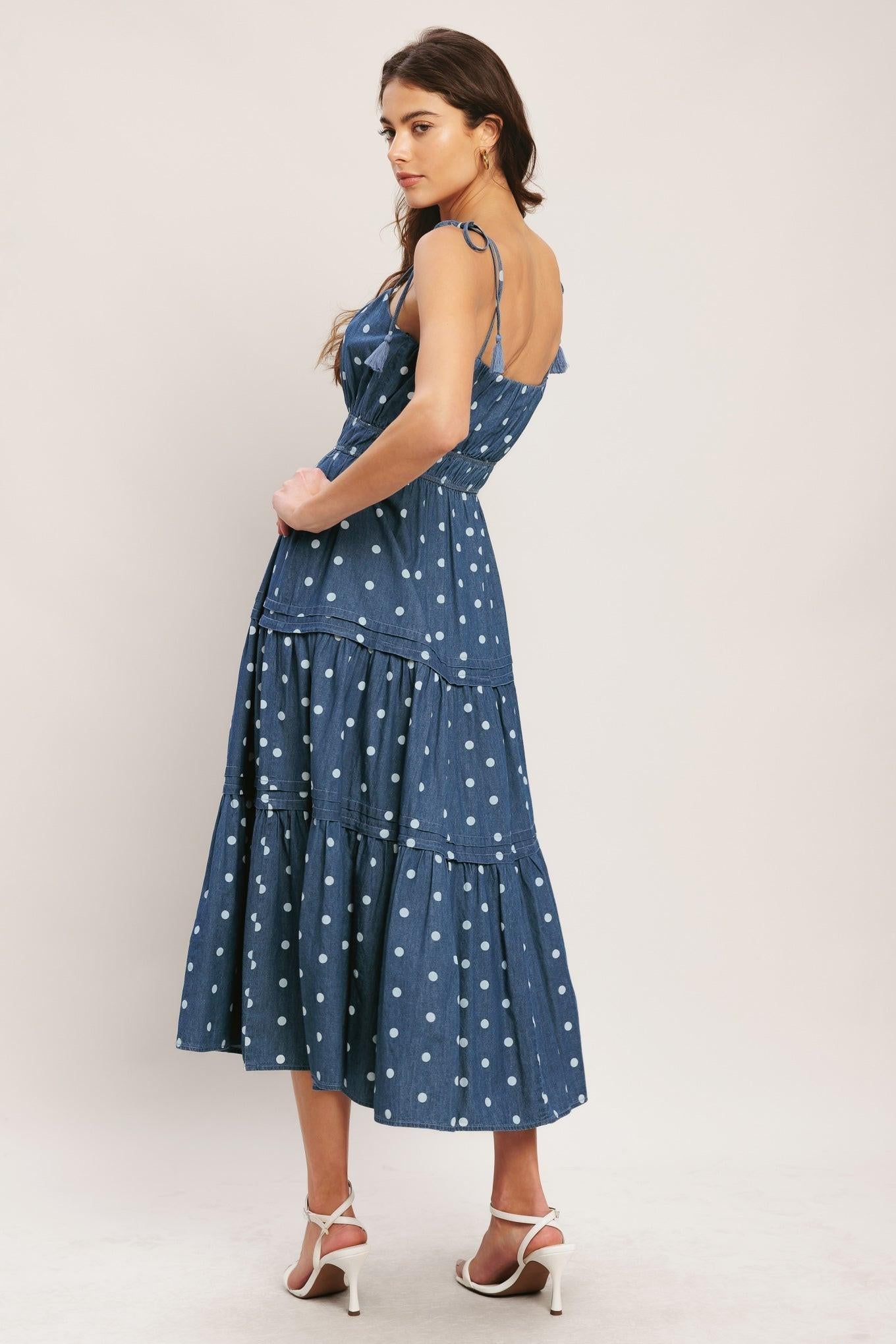 Nautical Dot Denim Midi Dress in MEDIUM INDIGO view 2 - Nautical Dress Wear