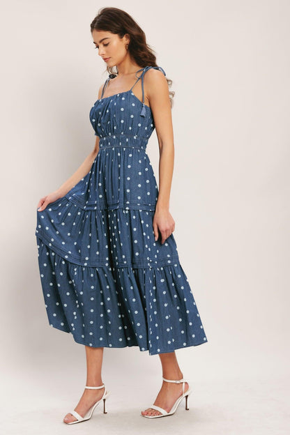 Nautical Dot Denim Midi Dress in MEDIUM INDIGO view 3 - Nautical Dress Wear
