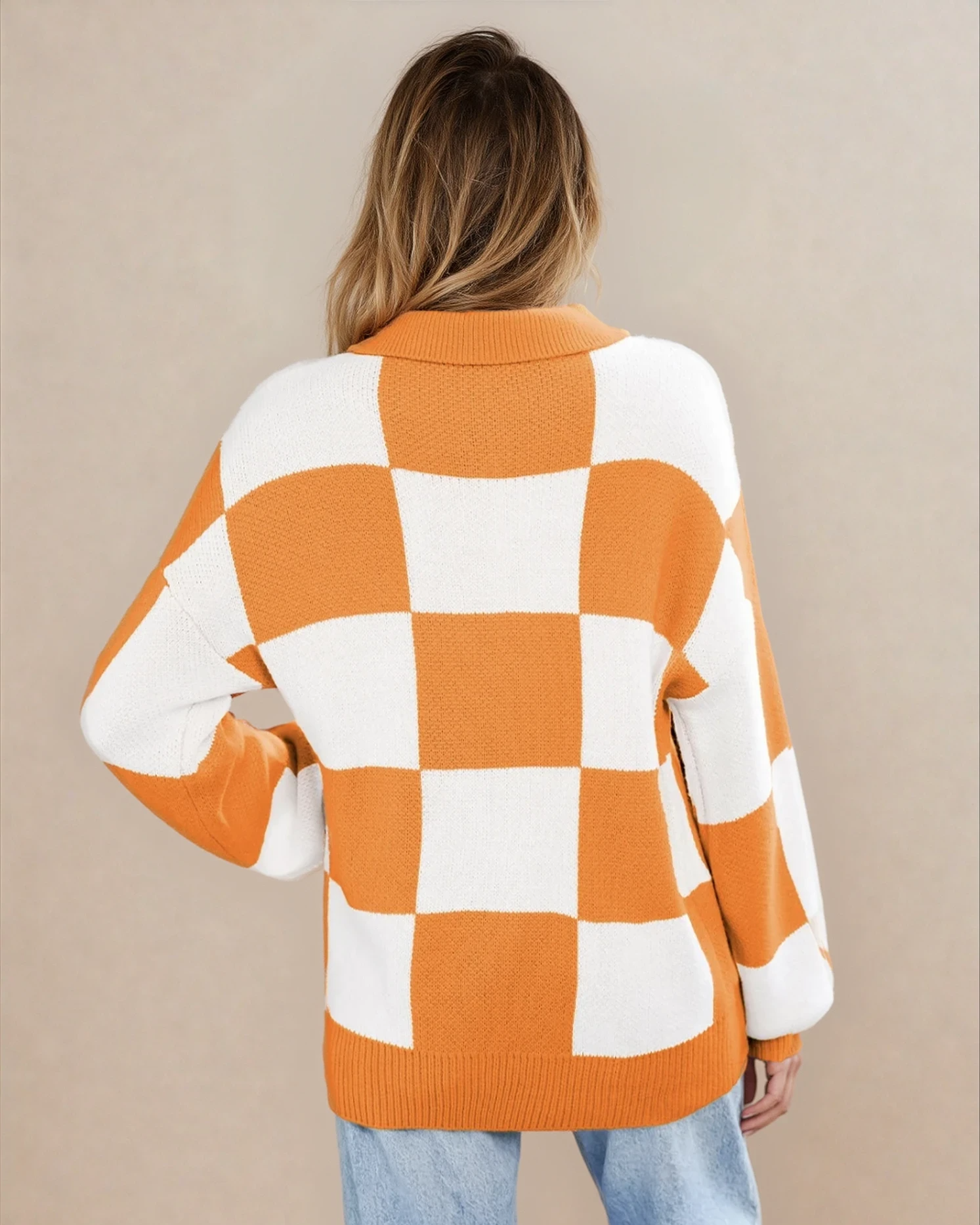 neck checkered sweater V Neck Checkered Sweater - Tangerine view 3 (layer) - shop at us.meeeshop