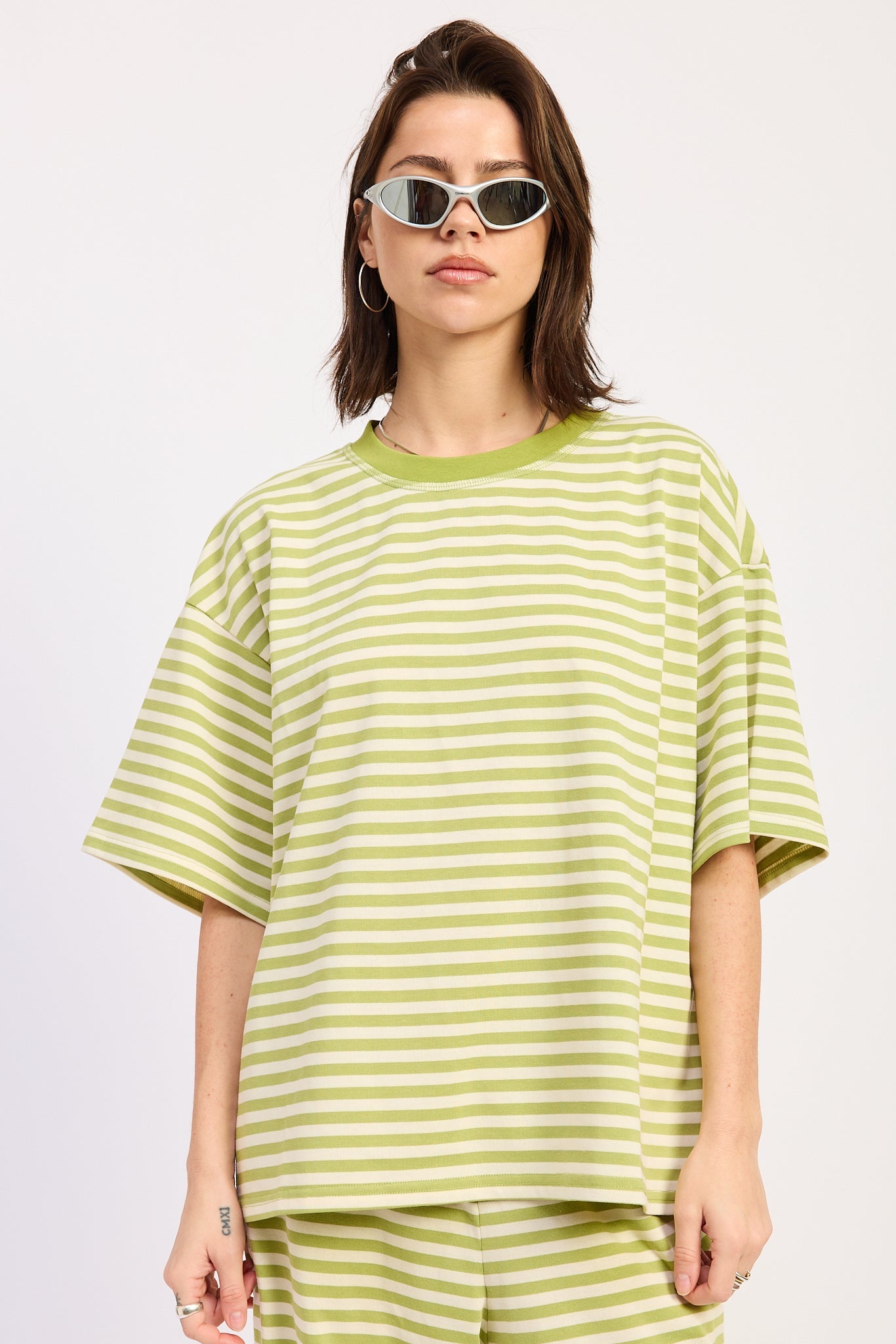 Nerina Oversized Shirt in Avocado Ivory Stripe view 4 - Relaxed Fit (top)