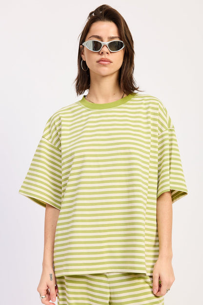 Nerina Oversized Shirt in Avocado Ivory Stripe view 4 - Relaxed Fit (top)