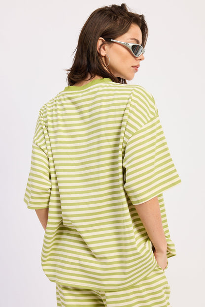 Nerina Oversized Shirt in Avocado Ivory Stripe view 6 - Relaxed Fit (top)