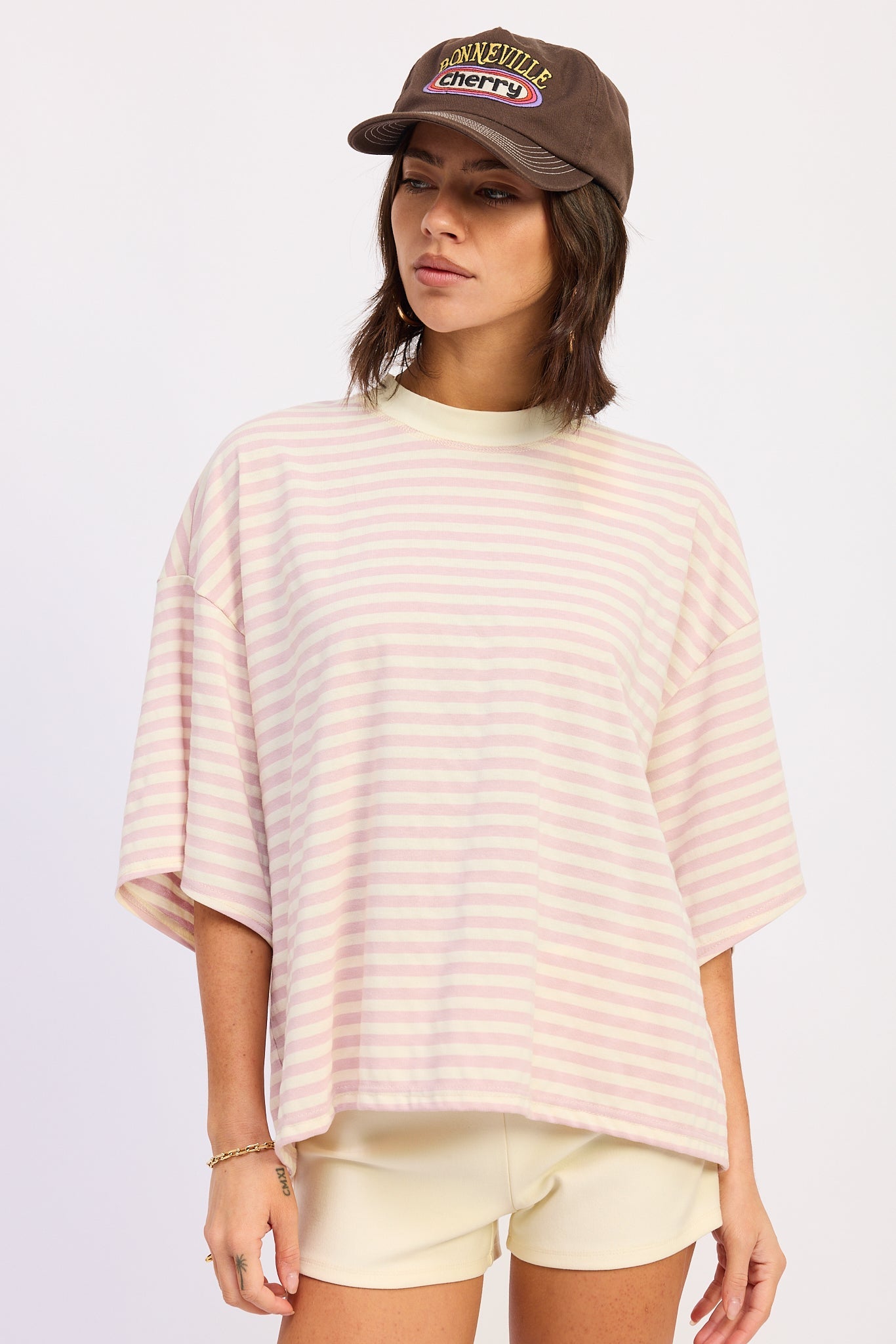 Nerina Oversized Shirt in Pink Ivory Stripe - Relaxed Fit (top)