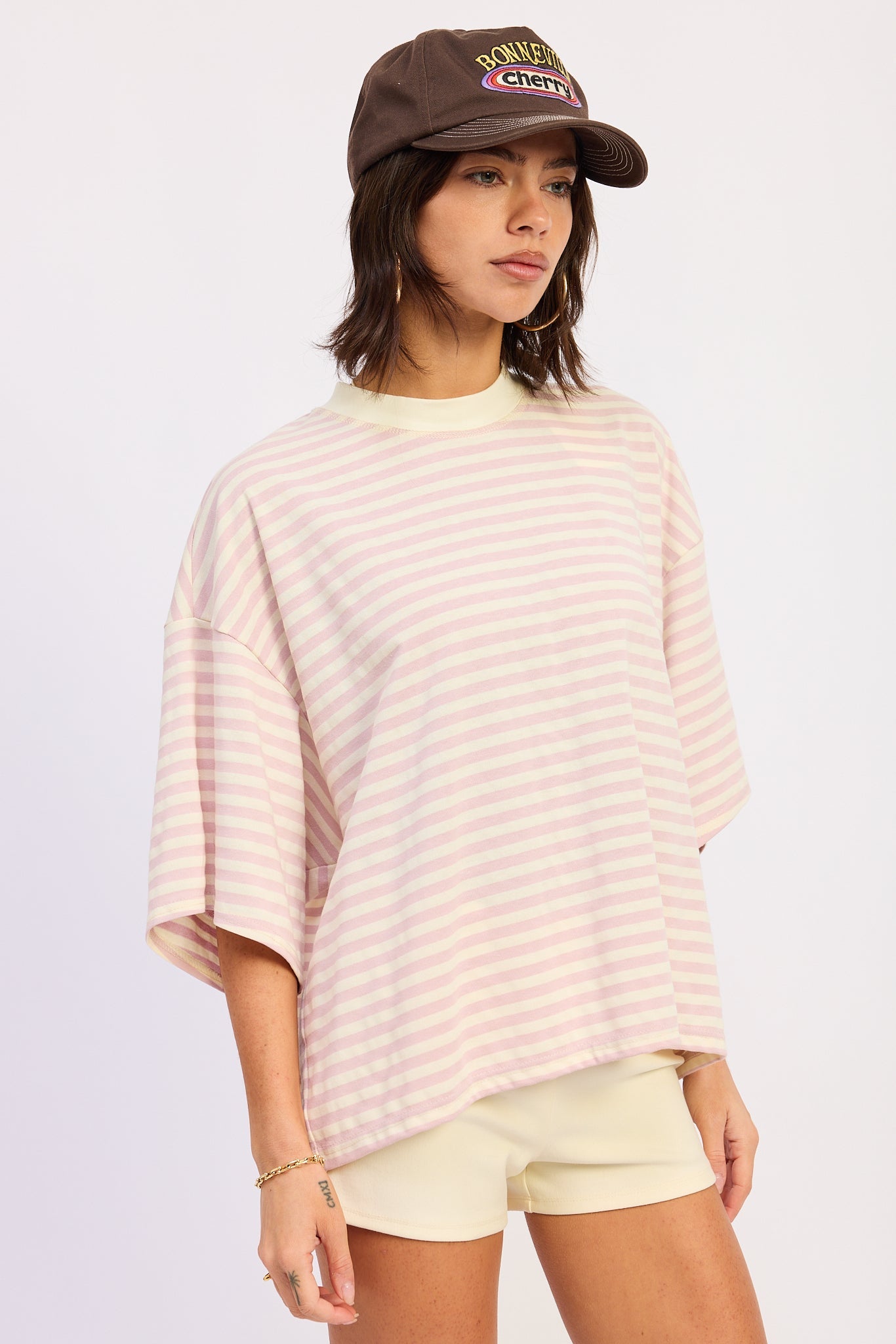 Nerina Oversized Shirt in Pink Ivory Stripe view 2 - Relaxed Fit (top)