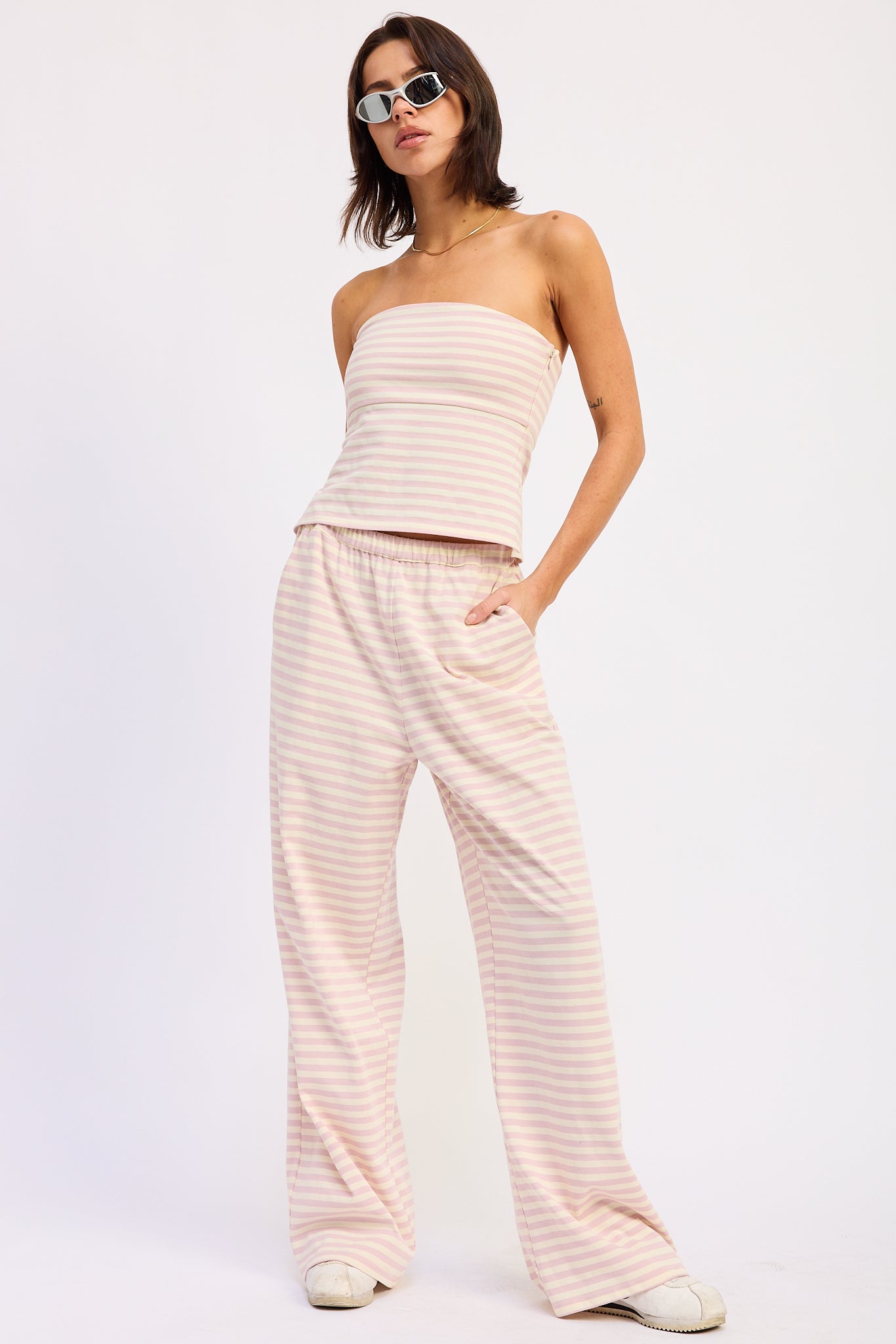Nerina Striped Pants with Elastic Waistband in Avocado Ivory Stripe - Comfort Stretch - Nerina Twist Front Strapless Top