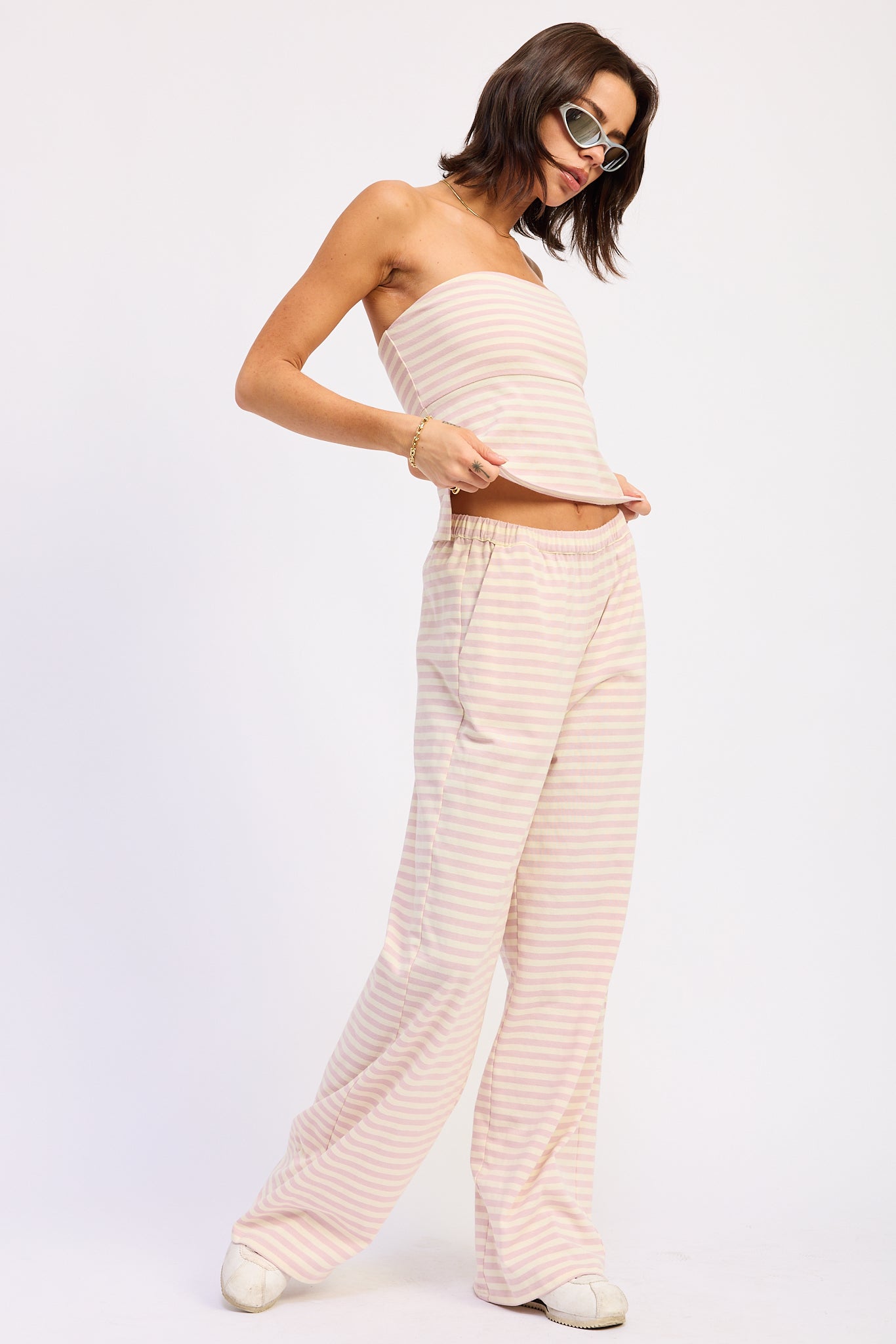 Nerina Striped Pants with Elastic Waistband in Avocado Ivory Stripe view 2 - Comfort Stretch (bottom)